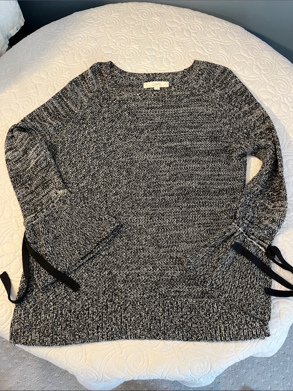 LOFT Black & White Marled Crewneck Sweater with Tie Cuffs